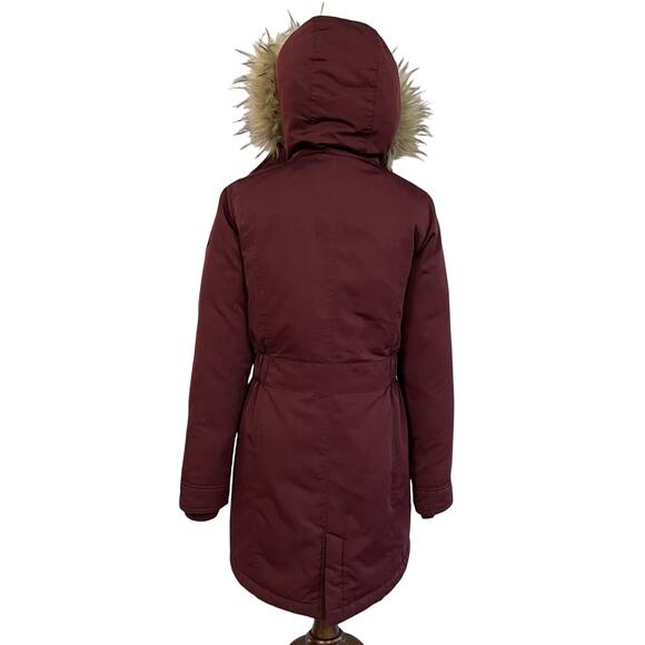 Hollister Thermore Faux Fur Hooded Parka XS Burgundy All-Weather 3/4 Coat - Picture 7 of 13